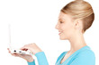 happy woman with laptop computer