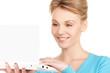 happy woman with laptop computer