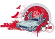 Abstract vector illustration with hand drawn winged retro car