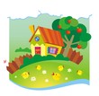 Vector: Summer background with small house and chickens Summer background with small house and chickens
