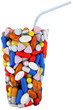 Glass shape assembled of pills with straw