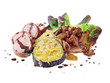 fresh salad & cooked vegetables with bacon wrapped pork fresh salad & cooked vegetables with bacon wrapped pork