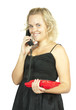 woman talking by red phone