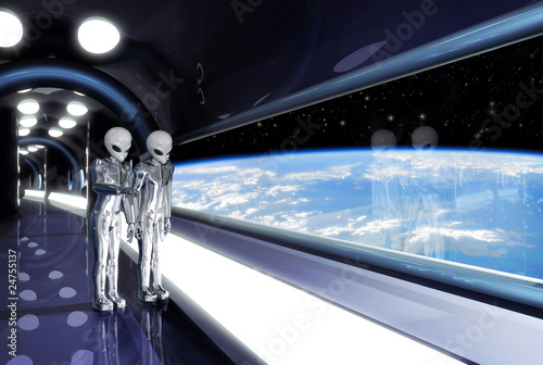Illustration: aliens looking down aliens looking down