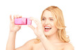 happy woman using phone camera