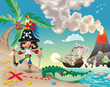 Pirate on the isle. Funny cartoon and vector scene.