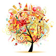 Happy celebration, funny tree with holiday symbols Happy celebration, funny tree with holiday symbols