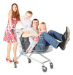 father with children is sitting in shopping basket. isolated.