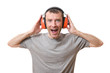 Photo: shouting man with ear protection versus loud sound shouting man with ear protection versus loud sound