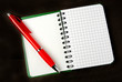 Opened notebook squared pagewith red pen over it on black backgr