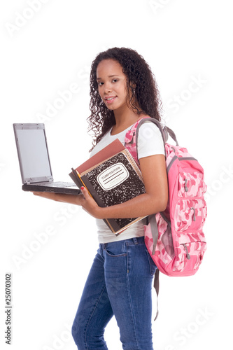 Photo: College student young African American woman with laptop College student young African American woman with laptop