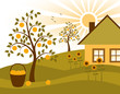 apple trees, sunflowers and cottage apple trees, sunflowers and cottage
