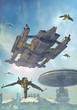 spaceship and futuristic city