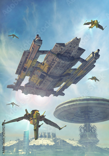 Illustration: spaceship and futuristic city spaceship and futuristic city