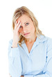 Caucasian businesswoman with a headache looking at the camera Caucasian businesswoman with a headache looking at the camera