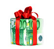 100 Euro gift box with Red Ribbon isolated on white