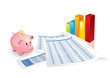 Pink piggy bank with chart and statistics