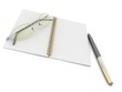 notebook with glasses and pen