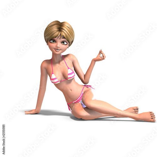 cute and funny cartoon girl wearing a two piece bikini.