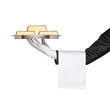 A waiter holding a tray with gold bars on it against white A waiter holding a tray with gold bars on it against white