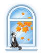 Vektor: kitten sitting on windowsill of autumn window kitten sitting on windowsill of autumn window
