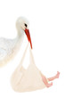 Storch mit Baby im Leinenbeutel