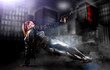 beautiful sexy girl holding gun . smoke background