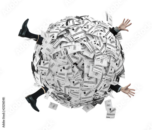 Illustration: Businessman buried in sphere of financial invoices Businessman buried in sphere of financial invoices
