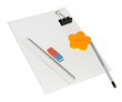 Pencil, ruler, Sticker and eraser holder on a paper. Isolated.