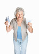 Happy senior woman holding cash in hands on white background
