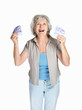 Senior female holding cash in hands on white background