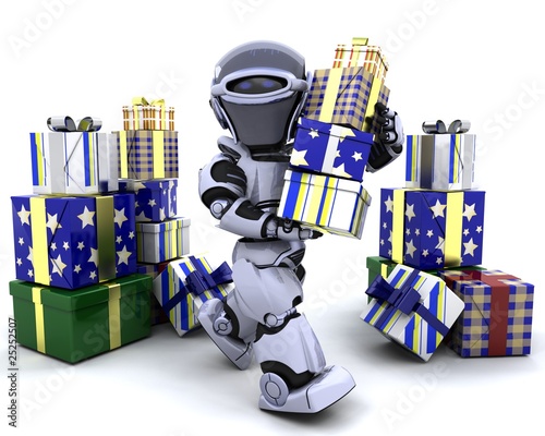 robot with big stack of gifts robot with big stack of gifts
