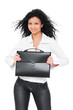 pretty smiley woman holding black briefcase pretty smiley woman holding black briefcase