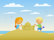Girl and boy make a sand castle