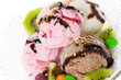 Close up of glass plate with different type of ice cream