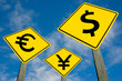 Euro, yen and dollar symbols on road sign. Euro, yen and dollar symbols on road sign.