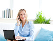 Smiling businesswoman talking on phone and using her laptop sitt Smiling businesswoman talking on phone and using her laptop sitt