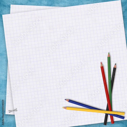 Illustration: School card with paper and pencils on the abstract background School card with paper and pencils on the abstract background