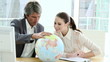 smiling businesspeople talking about globalization