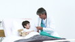 doctor taking the temperature of a young patient lying in bed