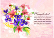 Bunch of irises, lilies and mimosa on greeting card