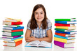 Girl between piles of books isolated on white background Girl between piles of books isolated on white background