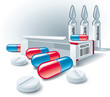 Pills, tablets, box and ampoules on white background. Vector Ill