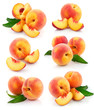set fresh peach fruits with green leaves