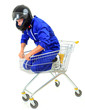 motorcycle man in shopping cart