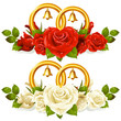 Wedding rings and bunch of roses
