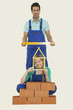 Foto: man and woman behind stack of bricks holding tape measure and spirit level, portrait man and woman behind stack of bricks holding tape measure and spirit level, portrait