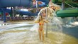 Charming woman stands under ountain in pool in indoor water park Charming woman stands under ountain in pool in indoor water park