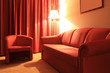 Hotel interior with red couch, armchair and floor lamp Hotel interior with red couch, armchair and floor lamp