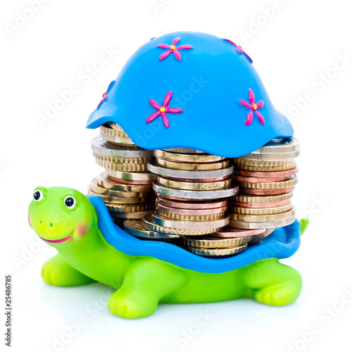 Tortue avec piles de monnaie sous sa carapace Tortue avec piles de monnaie sous sa carapace